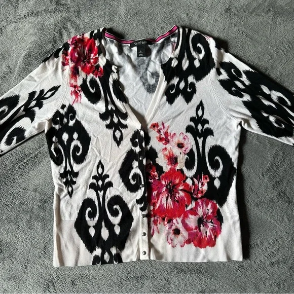 White House Black Market Floral Fleur De Lis Ikat Snap Cardigan Size Large - Picture 1 of 7